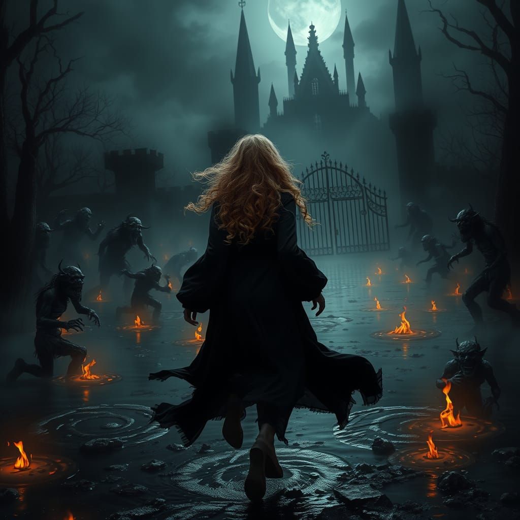 Gothic Romance Woman Flees Through Dark Fog and Flames