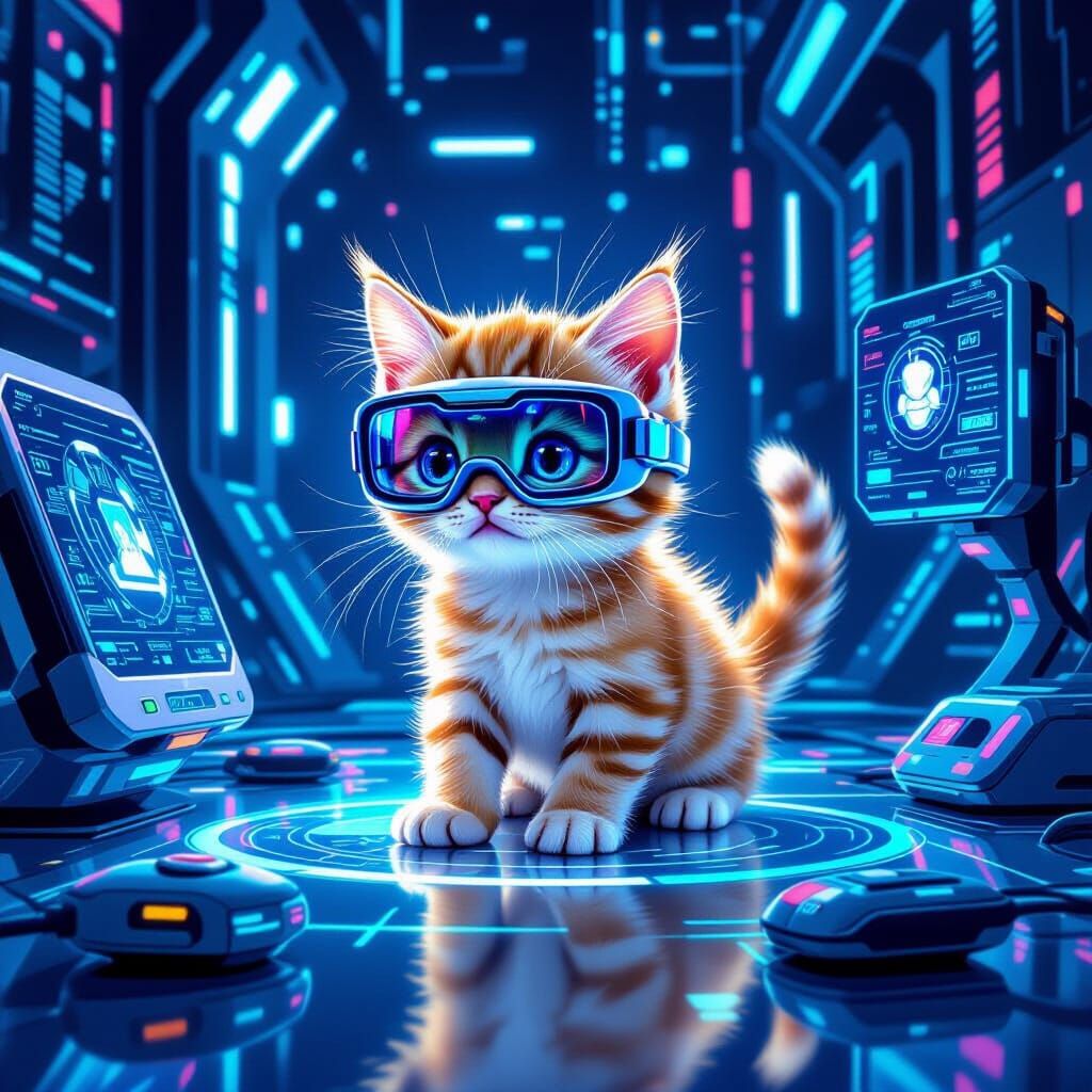 Kitten in High-Tech Room with Holographic Toys