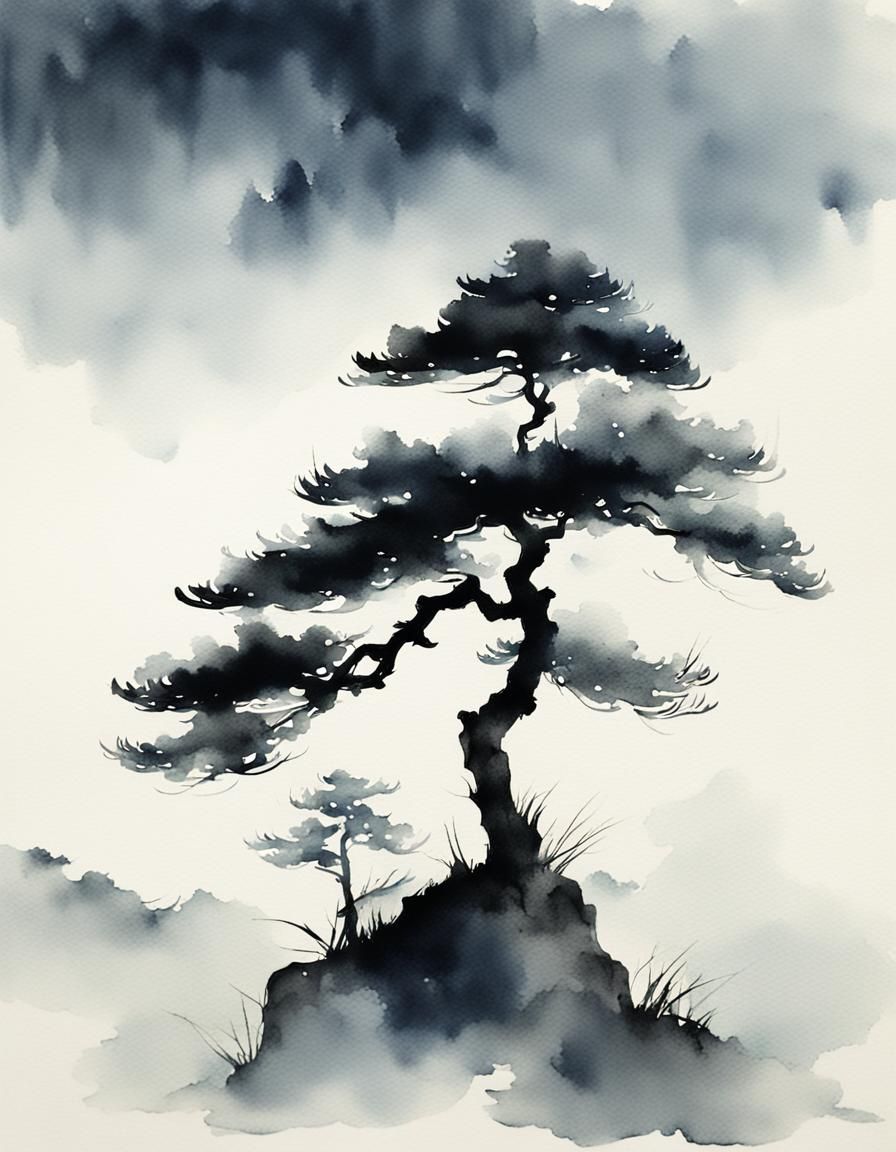 Elegant Pine Tree in Chinese Watercolor Style