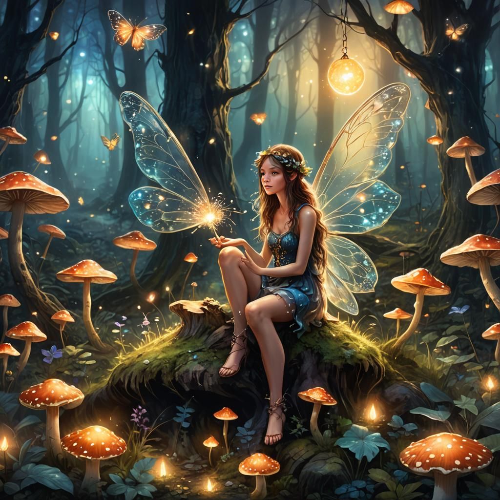 Fairy on Mushroom in Moonlit Forest