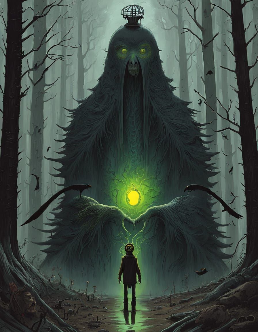 Raven-Headed Woman in Misty Forest