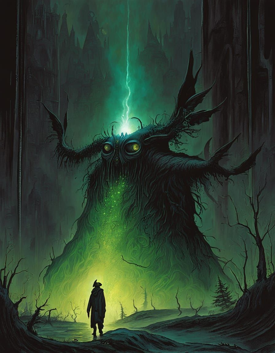 Mystical Raven Woman in Misty Forest Under Moonlight