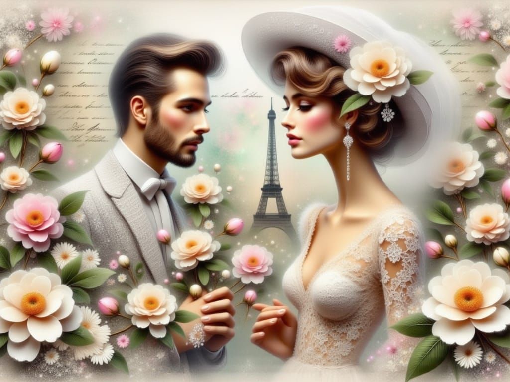Romantic Parisian Cafe Scene in Whimsical Scrapbook Style