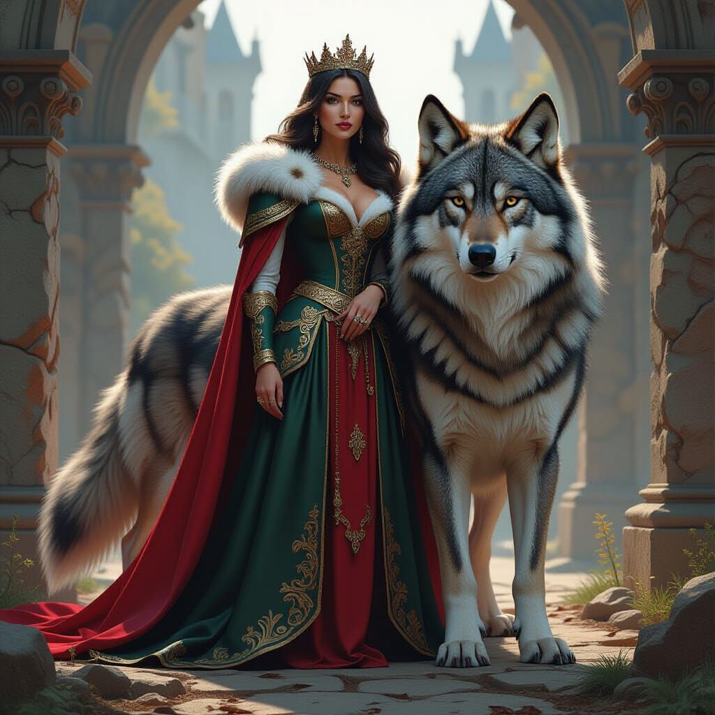 Muscular Wolf Guards Queen in Realistic Fantasy Realm