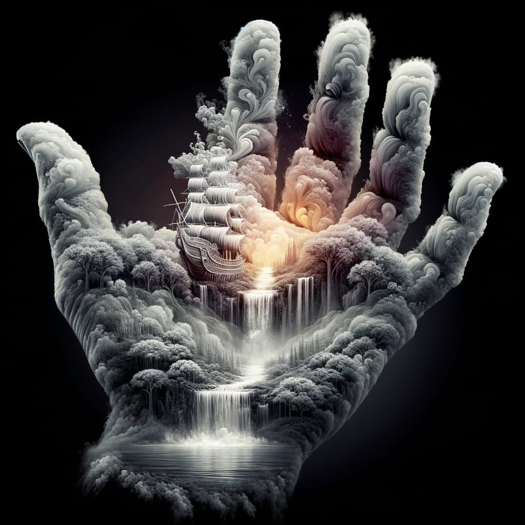 Campfire Hand Rises in a Smoky Landscape