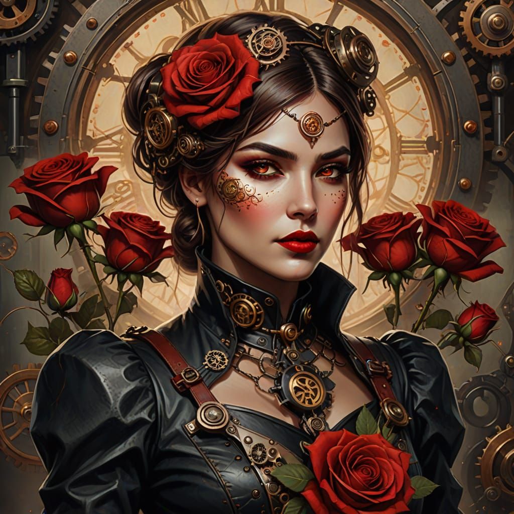 Steampunk Woman with Red Roses in Digital Painting