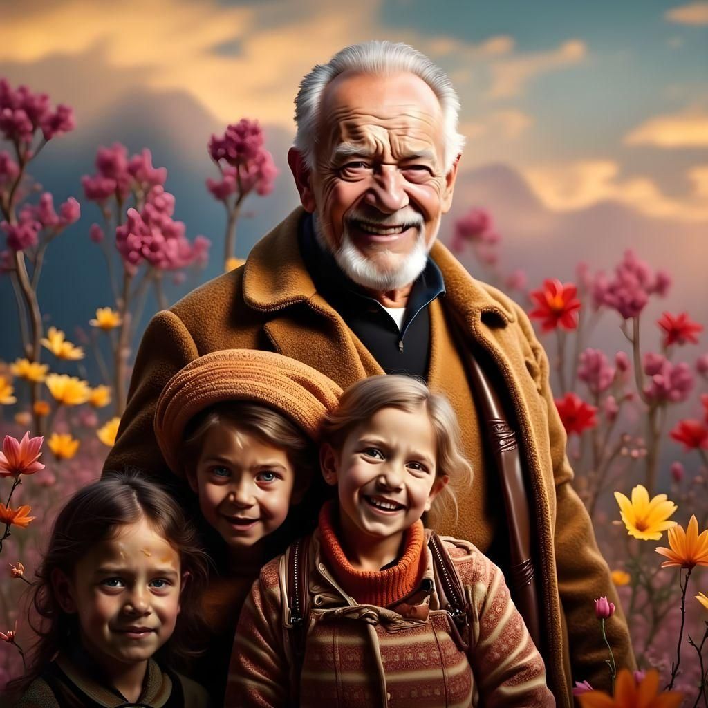 Hyperrealistic Grandfather and Grandkids in Splash Art Style