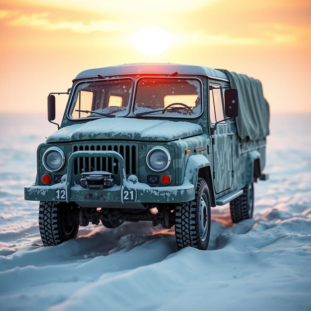 Weathered UAZ 469 in Snowy Siberian Tundra Landscape