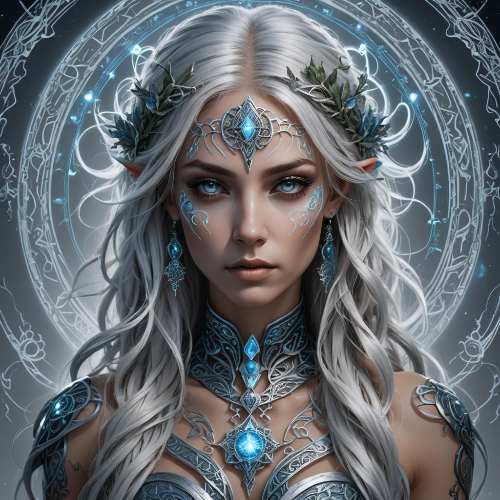 Mysterious Fae Goddess Portrait with Runic Tattoos