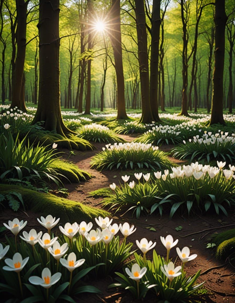 Cinematic Forest Scene with White Crocuses in Warm Light