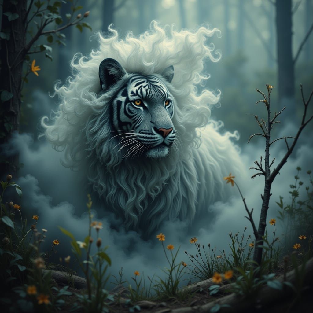 Mystical Tiger in Foggy Fantasy Landscape