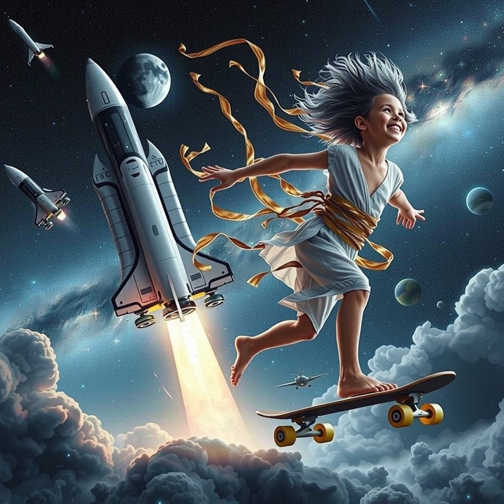 Galactic Skater Soars Through Cosmic Wastes in Neon Style