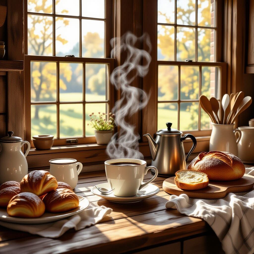 Rustic Kitchen: Coffee, Pastries, and Sunlight