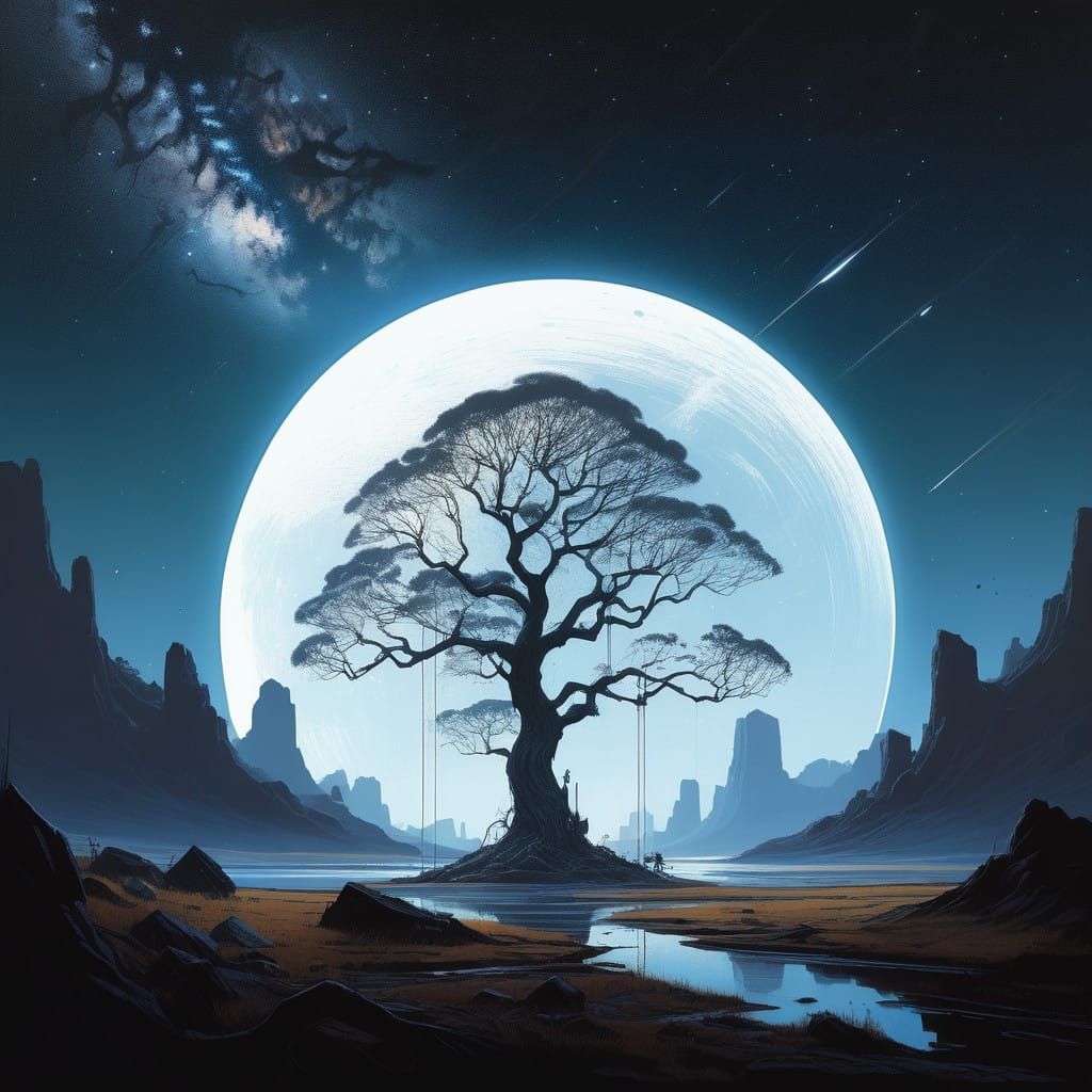 Ancient Tree Soars on Celestial Island amidst Starry Blackne...