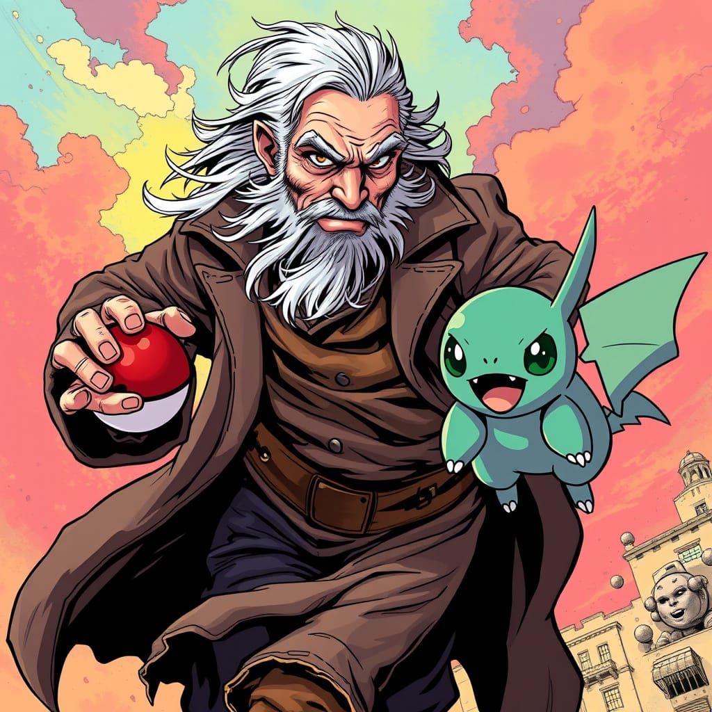 Aged Man Chasing Poke-mon in Comic Book Style