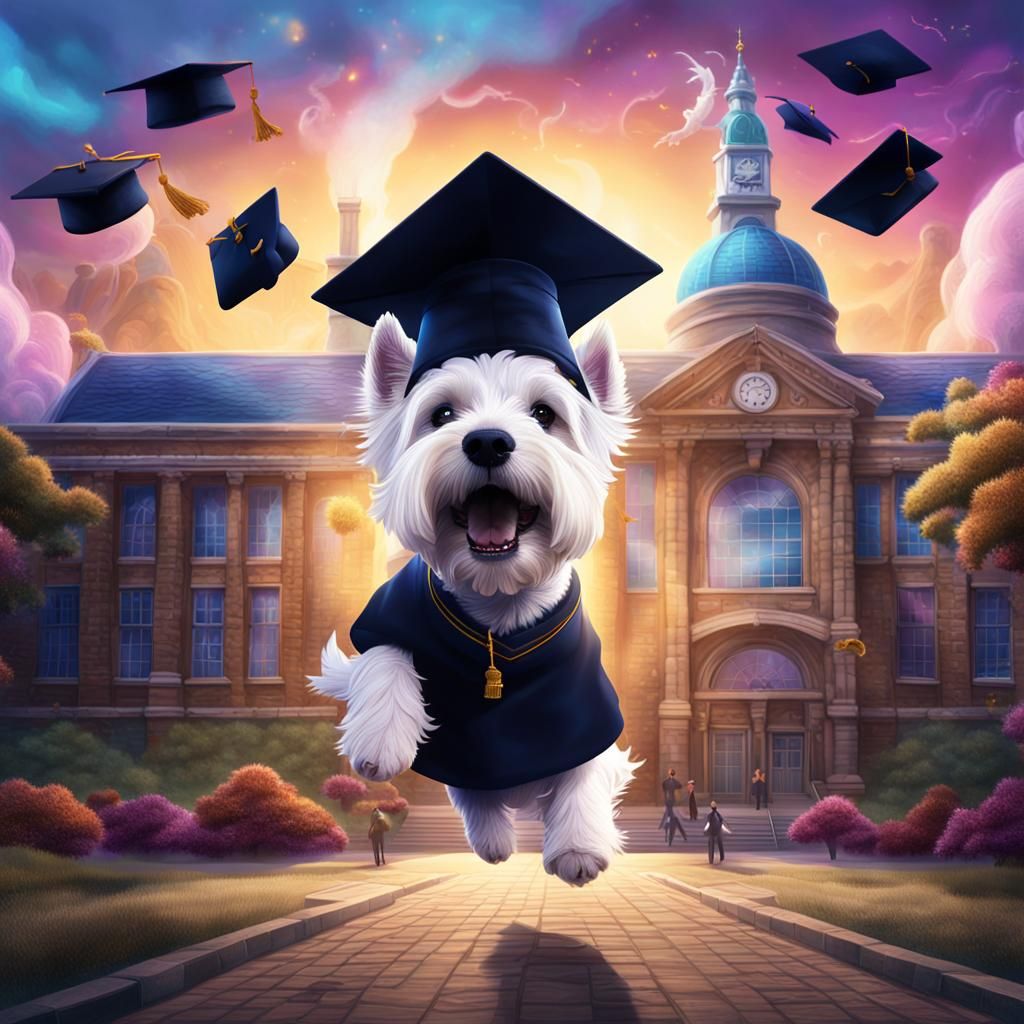 Westie Celebrates Graduation in Vibrant Fantasy School Scene