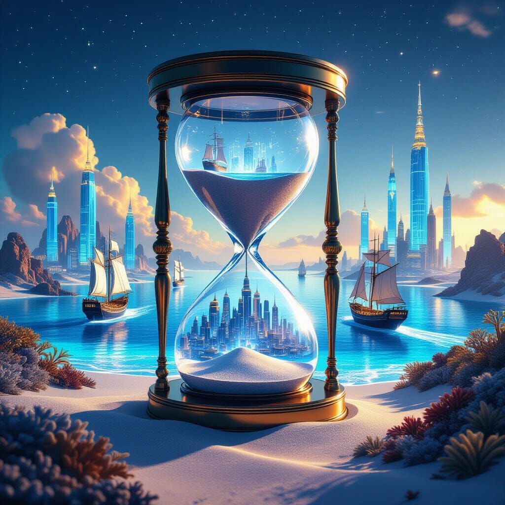 Hourglass City: Futuristic Dreamscape in Blue-Gold Tones