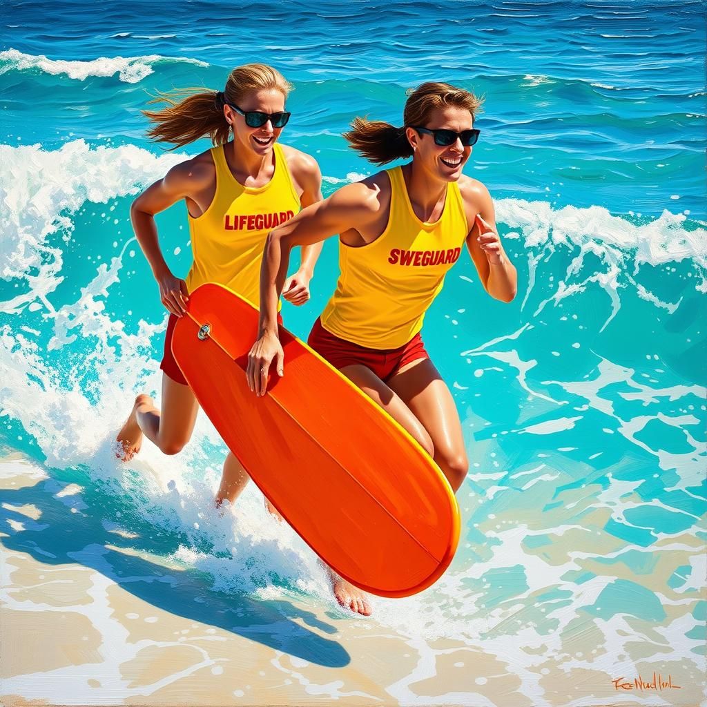 Lifeguards Sprinting into Surf as Impasto Painting