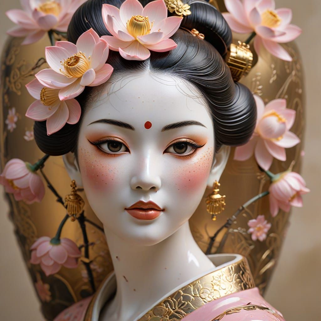 Exquisite Porcelain Vase with Geisha Face and Lotus Blossoms