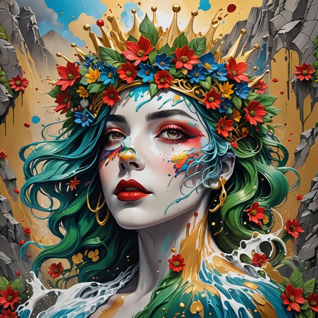 Waterfall Woman with Floral Cascade in Graffiti Style