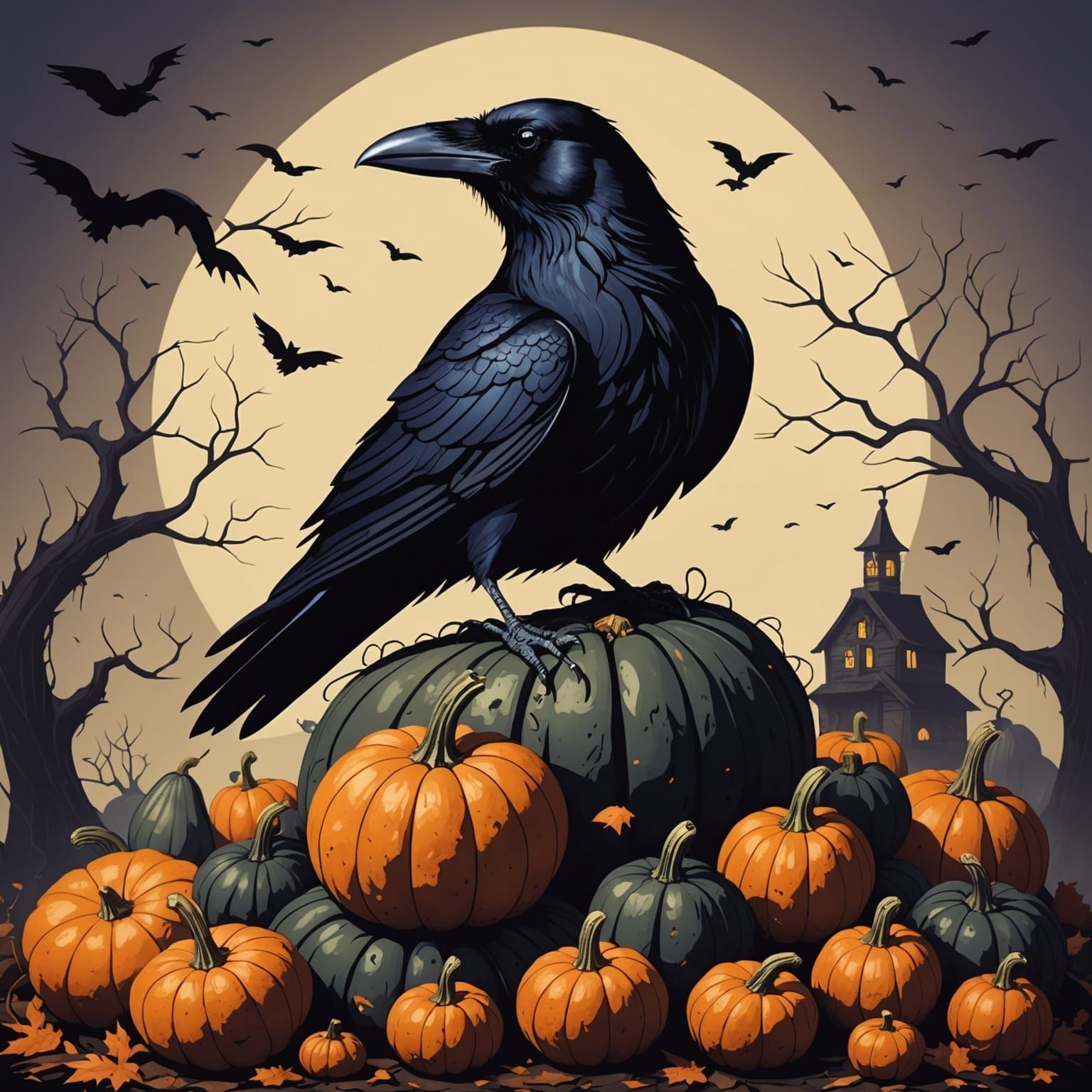 Raven on Gourds in Tim Burton Cartoon Style