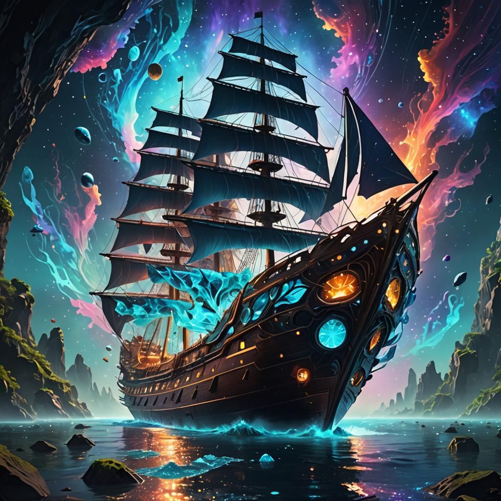 Bioluminescent Crystal Ship Navigating Nebula, Abstract Art