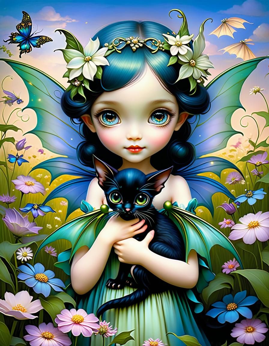 Fairy and Flying Kitten in Big-Eyed Art Style