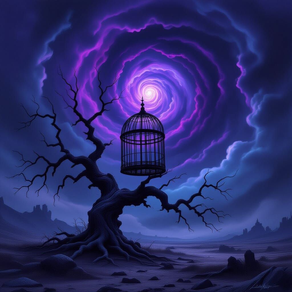 Ancient Tree Forms Empty Birdcage in Desolate Landscape