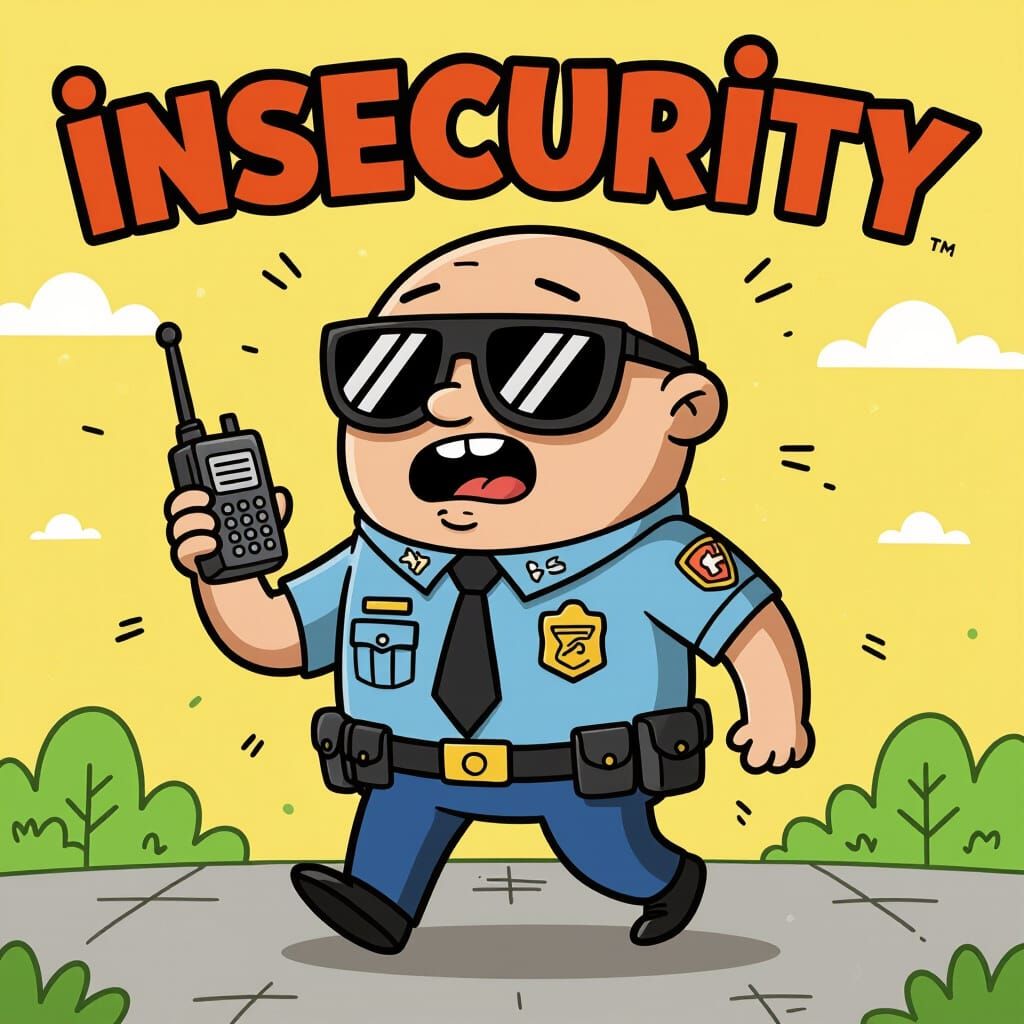 Nervous Cartoon Security Guard With Insecurity Badge