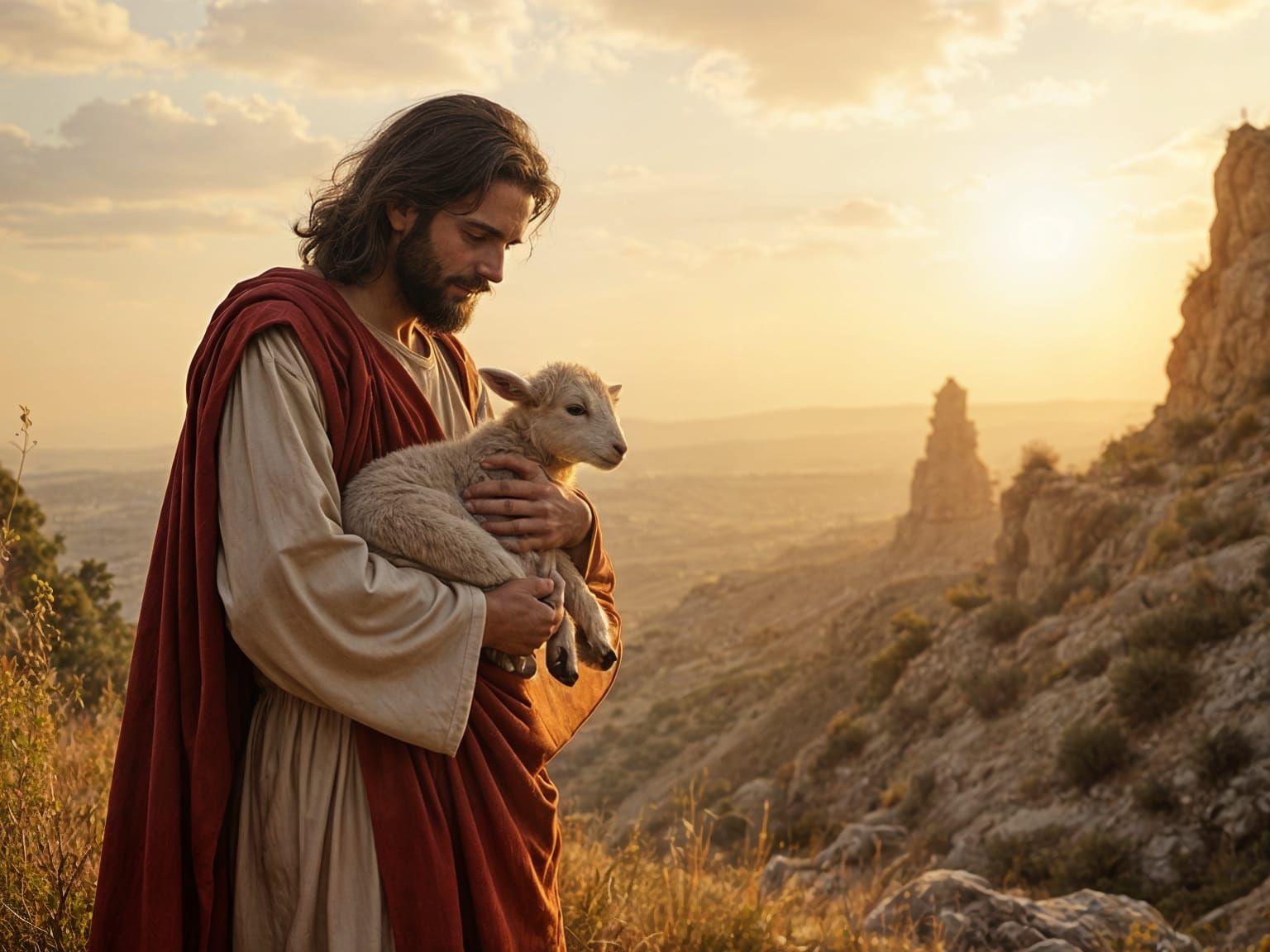 Jesus Christ Holding Lamb Outside Jerusalem