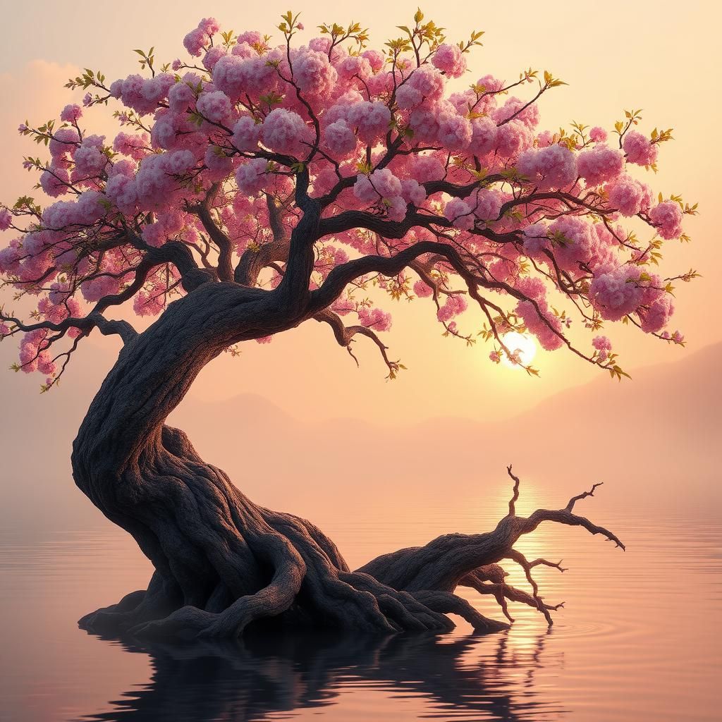 Majestic Sakura Tree on Misty Lakeshore at Sunset