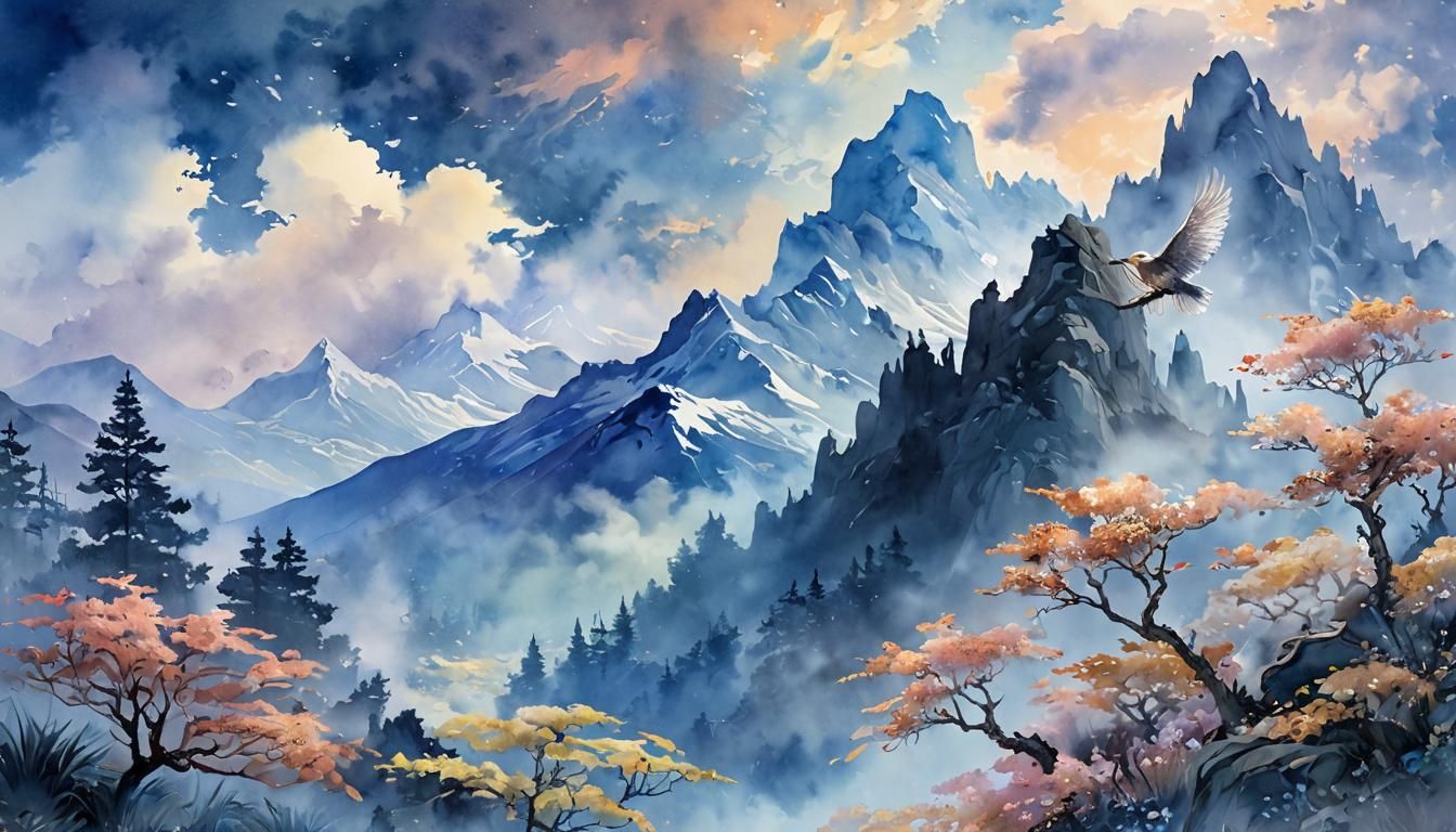 Watercolor Mountains with Eagle in Ethereal Light