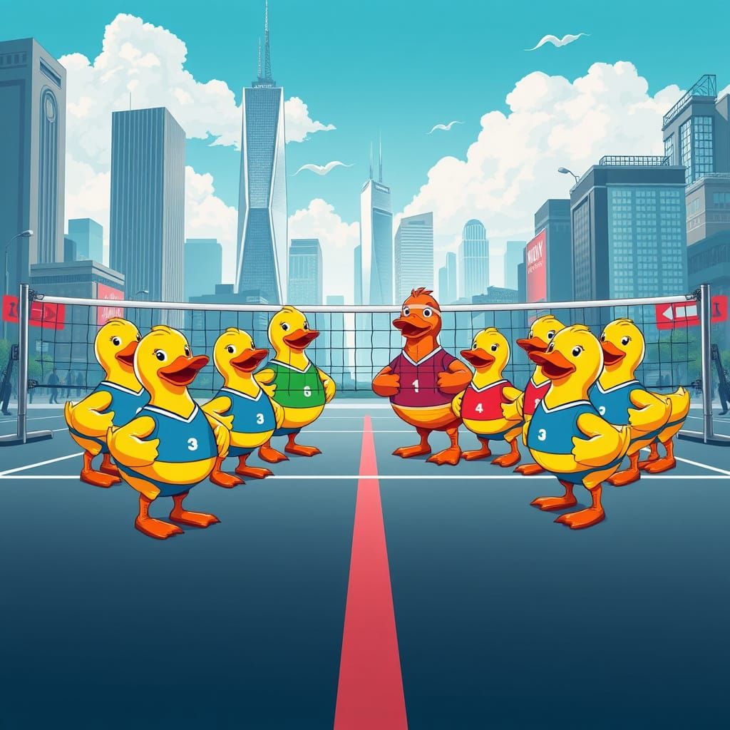 Vibrant Rubber Duck Volleyball Teams in Futuristic Cityscape