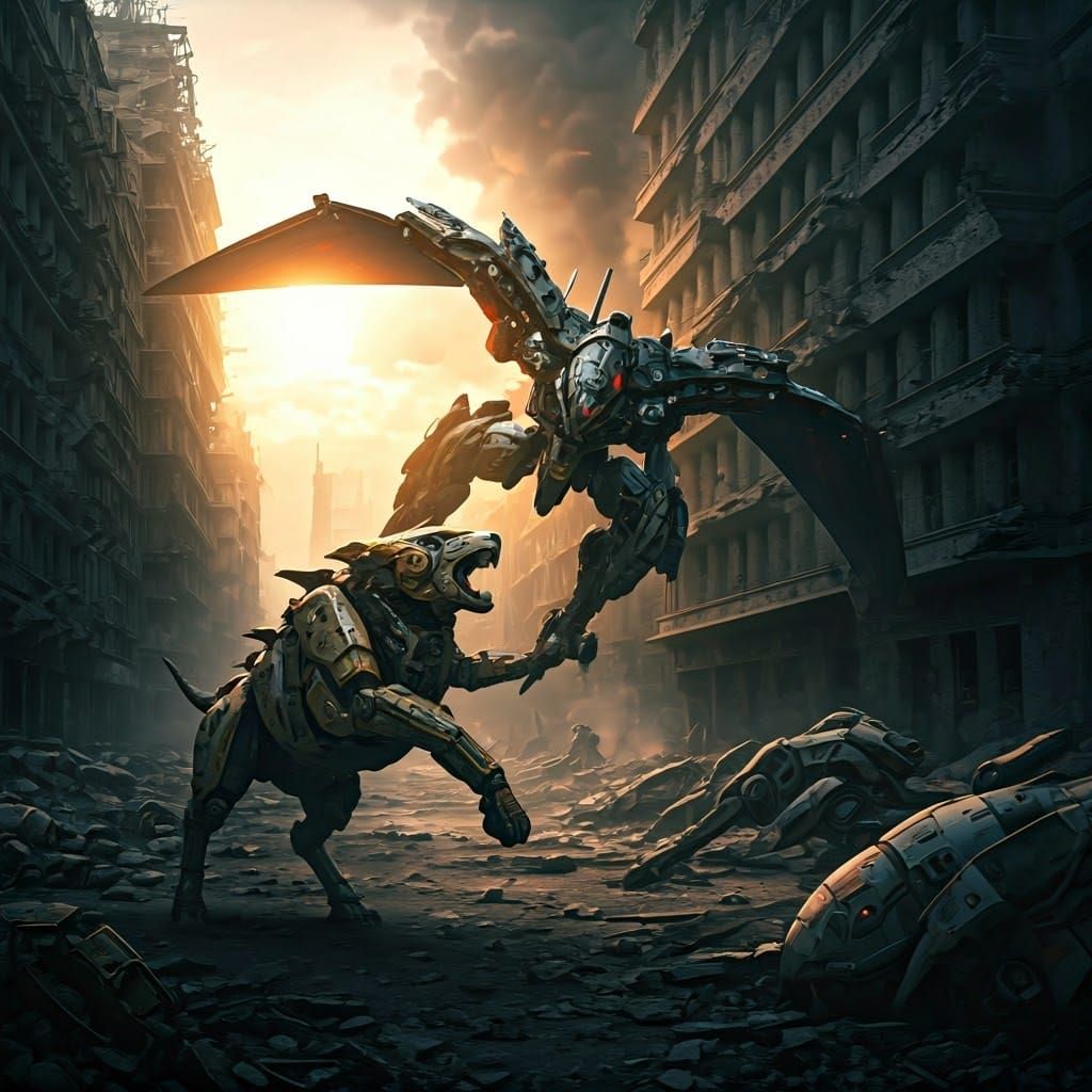 Epic Mecha Battle in a Ruined City