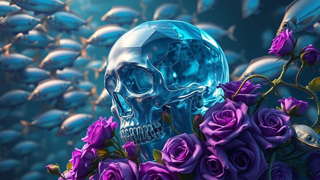 Iridescent Fish Surround Crystal Skull in Vibrant, Surreal L...
