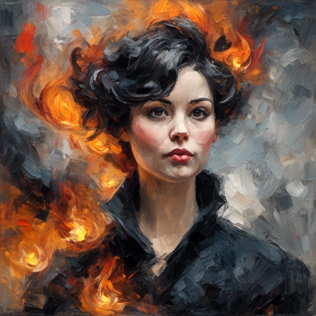 Woman with short dark Hair, fire and smoke