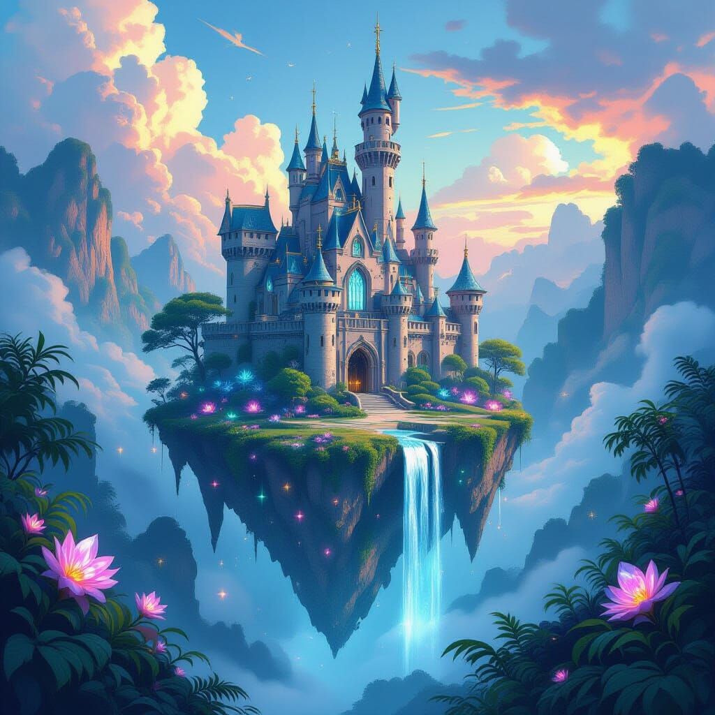 Floating Island Castle in Bioluminescent Jungle
