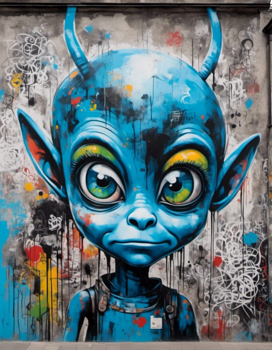 Blue Alien Graffiti Mural in Neo-Expressionism Style