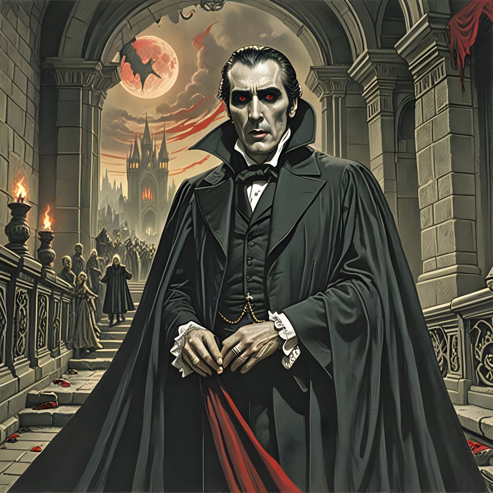Tall Figure as Dracula in a Grand Staircase Scene