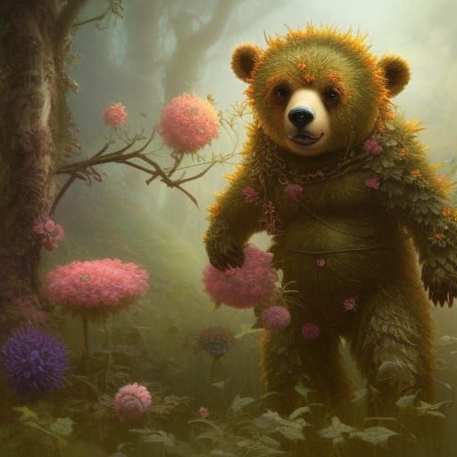 Fantastic Floral Bear Creature, Intricate Digital Art