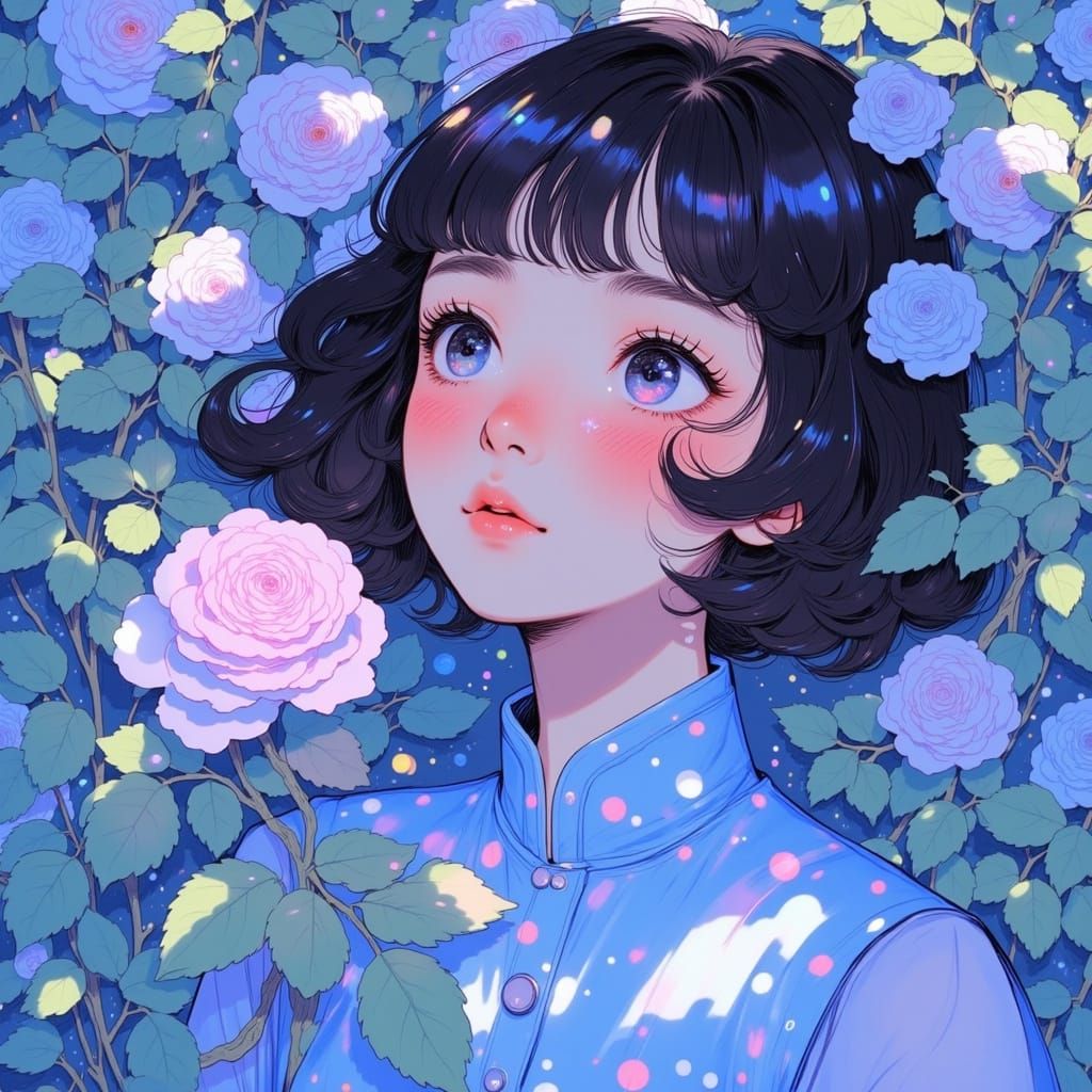 Anime Lady Gazes at Glowing Rose in Futuristic Garden