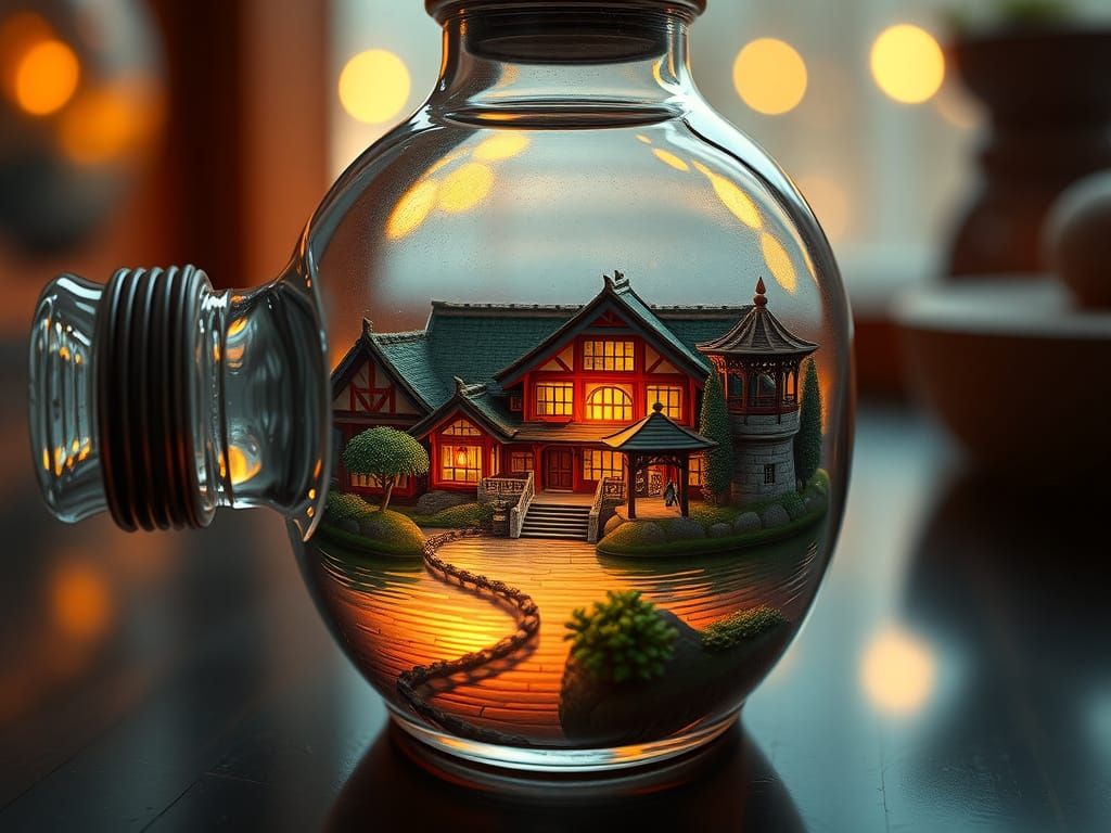 Miniature World in a Bottle: Vibrant Oil Painting