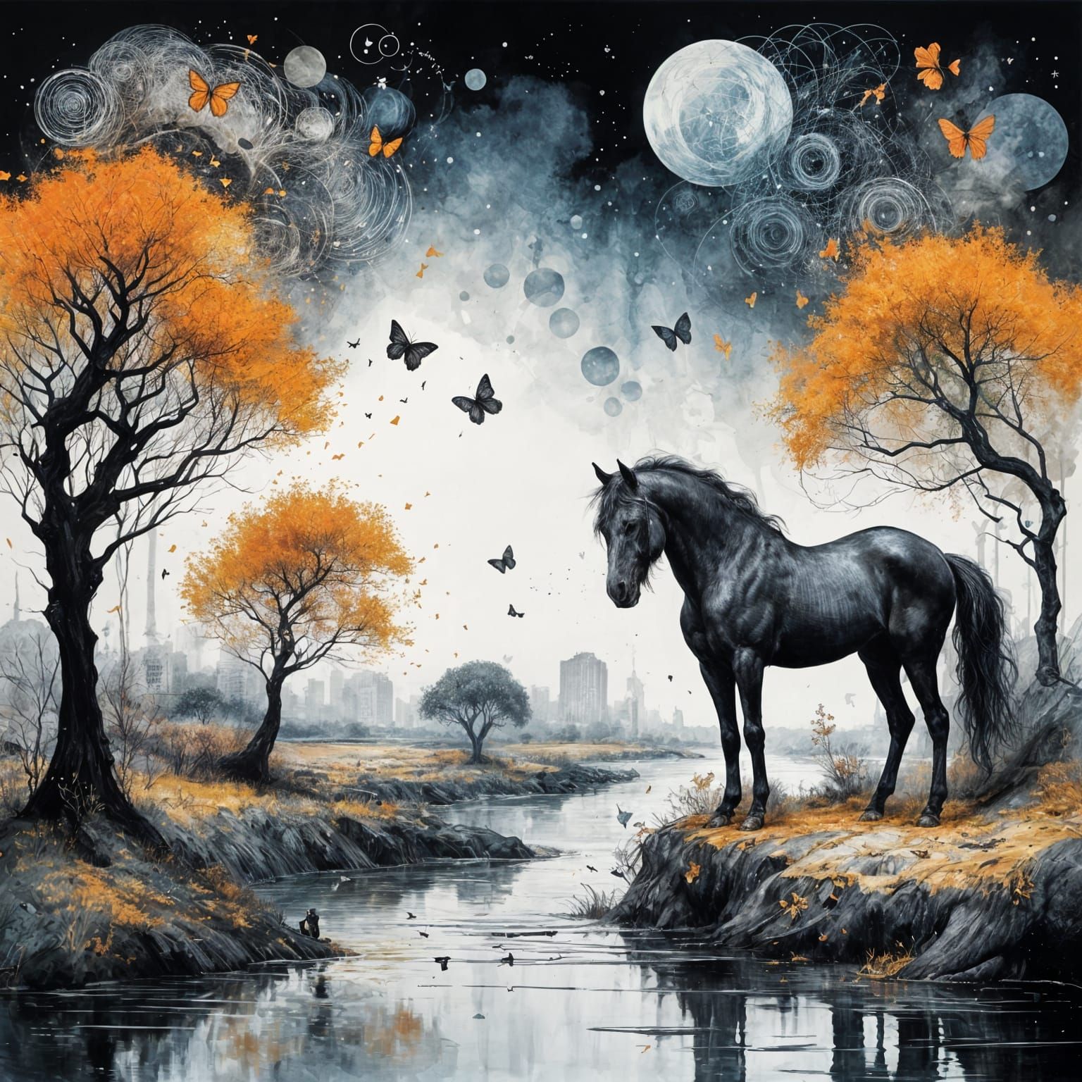 Black Horse in River Amidst Constellations and Butterflies
