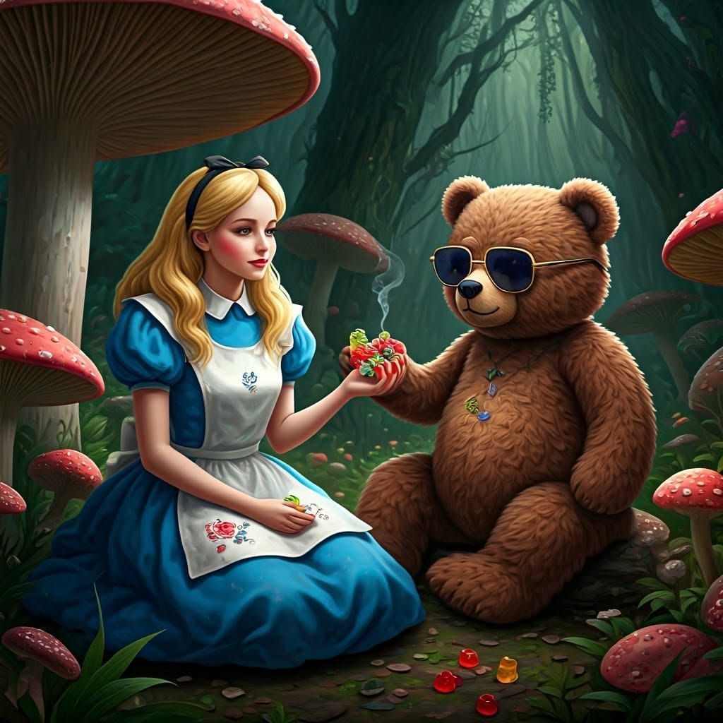 Alice in Wonderland with Teddy Bear in Fantasy Art