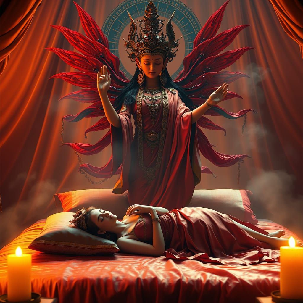 Red Tara Goddess in Lavish Bed, 3D Game Cinematic Feel