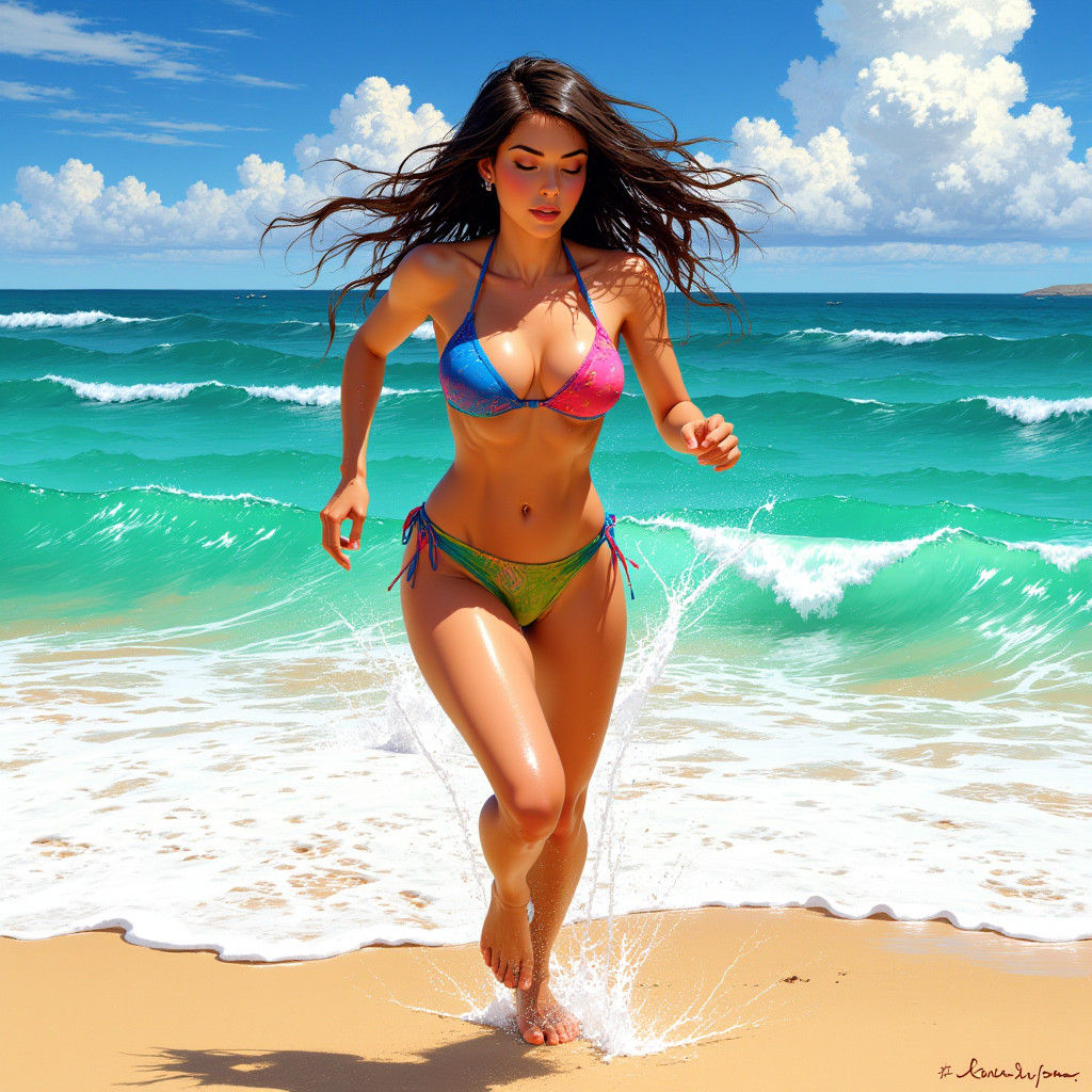 Woman in Bikini on Beach in Vargas Style