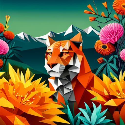 Origami Tiger in a Paper Flower Garden