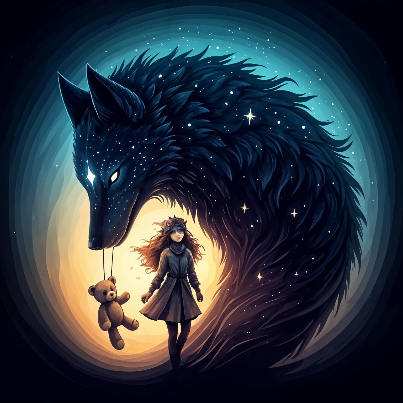 Whimsical Fantasy Scene of a Masked Woman and Shadow Wolf