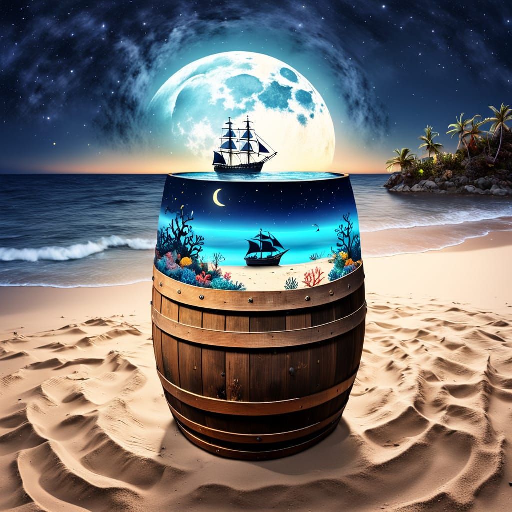 Wooden Barrel with Ocean Scene at Night