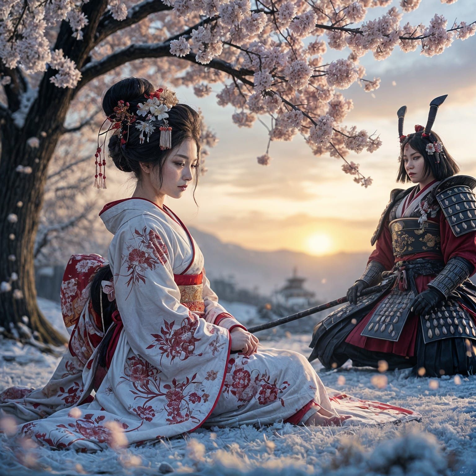 Geisha and Samurai in Snowy Cherry Blossom Garden